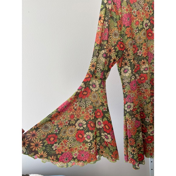 Boho Fairycore Dress 1X Mini 70s Retro Sheer Floral Mesh Bell Sleeve Lettuce Hem - Picture 13 of 13